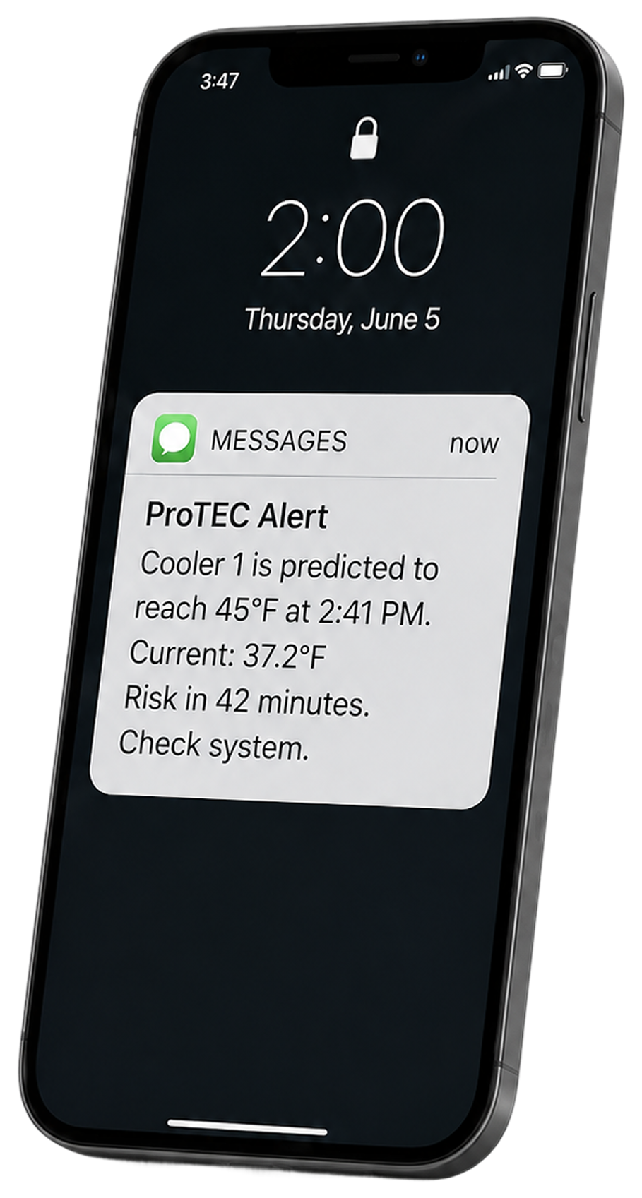 iPhone notification showing a ProTEC alert predicting cooler one will reach 45 degrees Fahrenheit in 42 minutes